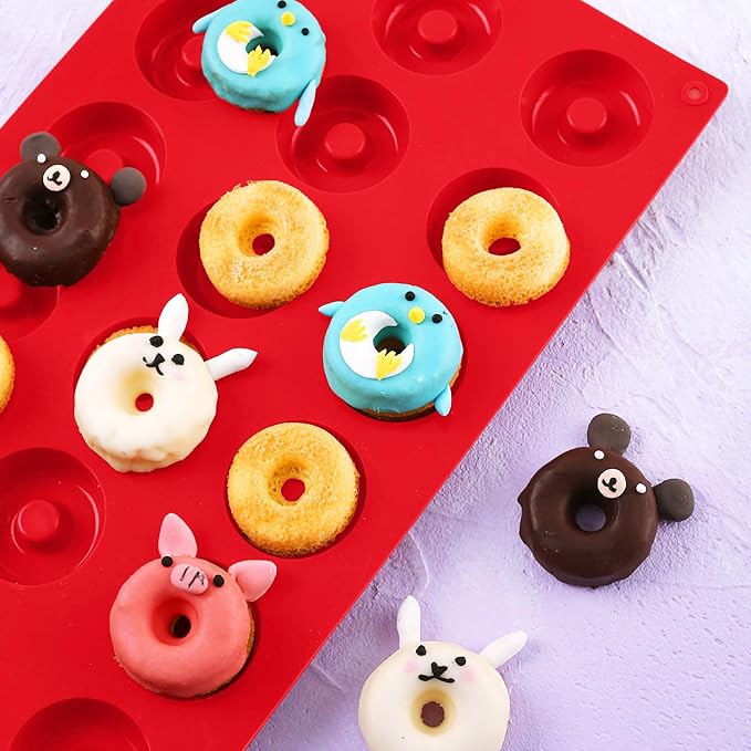 2er Pack Silicone Donut Mold - Non-Stick Silicone Doughnut Pan DIY Chocolate Baking Cookie Molds, Heat Resistant, Make Donut Cake Biscuit Bagels, BPA Free Dishwasher Safe (red, 18 Cavities)