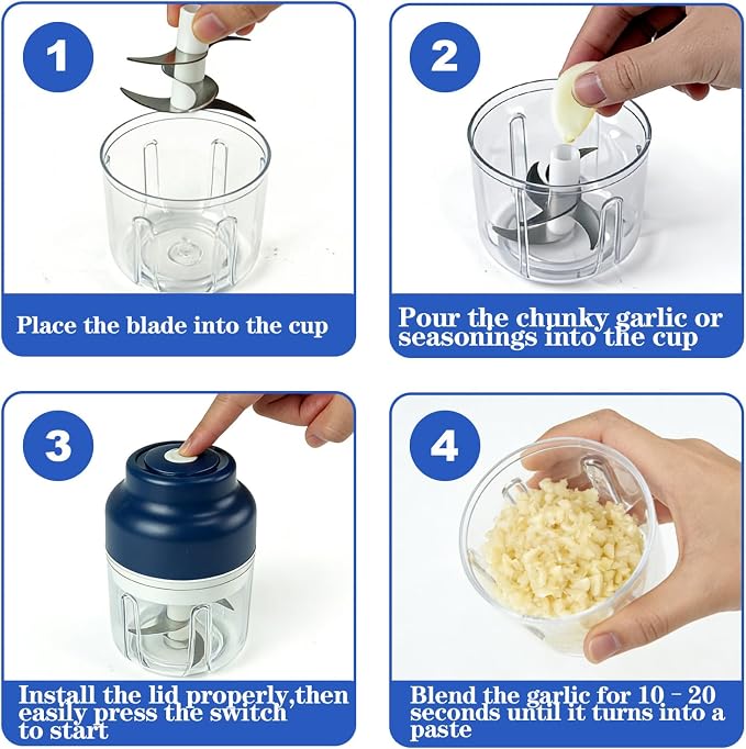 Wireless Electric Garlic Chopper, 10.8oz Mini Chopper Cup with 6 Blades | USB charging keeps meal prep easy, ideal for mincing chopped garlic, onion pieces, chili and herbs in small kitchens.