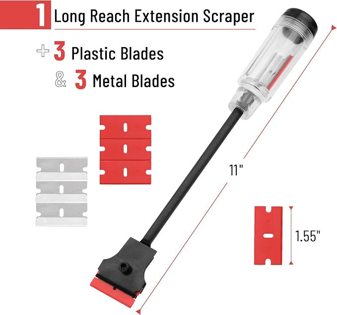 Bates- Long Reach Extension Scraper, 11-Inch Razor Scraper Tool | With Extra 3 Double Edged Plastic & 3 Metal Blades Long Handle Window Scraper for Paint Removal Glass Cleaning & Surface Work