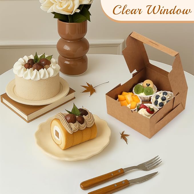 OAMCEG 80 Pack Cupcake Boxes with Window, 6x6x3 Inches Cookie Boxes, Bakery Treat Boxes for Pastry, Desserts, Chocolate Strawberries, Cupcake Containers, Gift Giving with Stickers & Twine （Brown）
