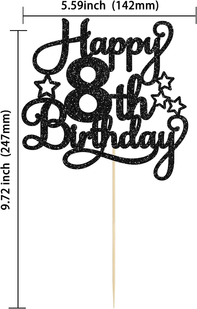 1 Pack Happy 8th Birthday Cake Topper Black Glitter 8th Birthday Cheers to 8 Years Old Birthday Cake Pick for Celebrating Birthday Anniversary Party Cake Decorations Supplies