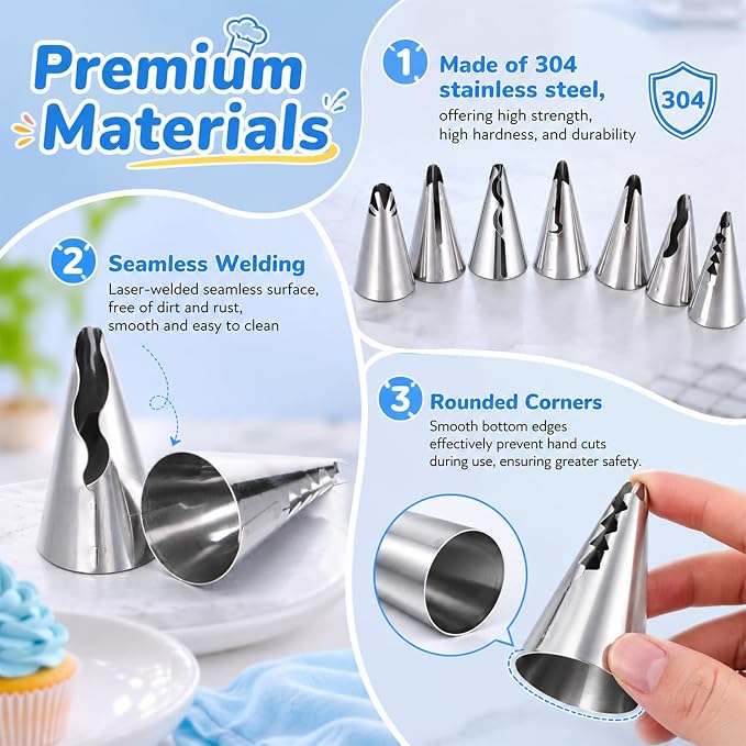 Piping Tip Set, Cake Decorating Tips, Ruffle Piping Tips, Seamless Stainless Steel, Pleated Skirt Piping-Nozzles Set for Cake Cupcakes Cookies, 9 Pieces