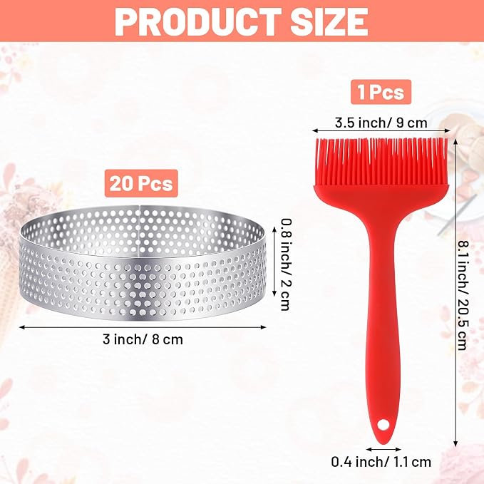 20Pcs Perforated Tart Rings, 3.15 Inch Stainless Steel Tart Ring, Round Mousse Cake Ring with Brush, Metal Pastry Mold for Baking Cooking Pastries, Small Fruit Tartet Crust 8cm