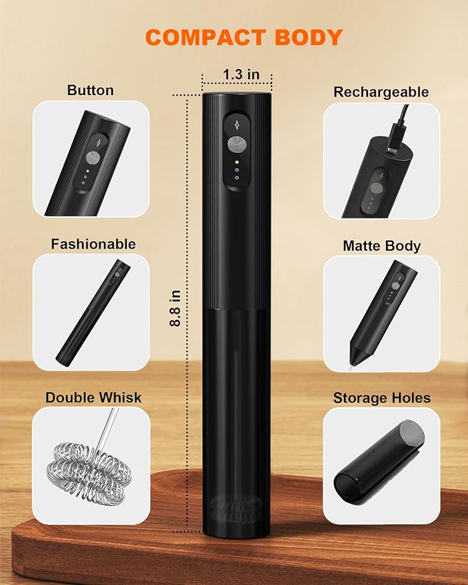 3-Speed Rechargeable Milk Frother Handheld, Dual Coil Whisk Coffee Frother Handheld - Portable Hand Frother Wand for Coffee Matcha Cappuccino & Hot Chocolate, Kitchen Gift, Black
