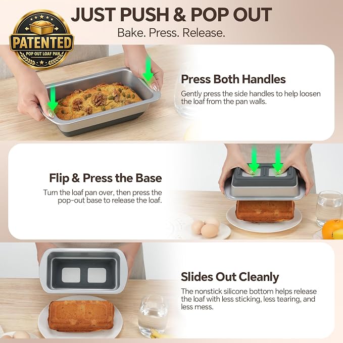 Bread Pans Set of 2, Nonstick 1 lb Loaf Pan With Pop Out Bottom | Banana Bread Pan With Silicone Bottom & Sturdy Metal Frame, Meatloaf And Pound Cake Pans, 8.5*4.5 IN, Silver & Gray