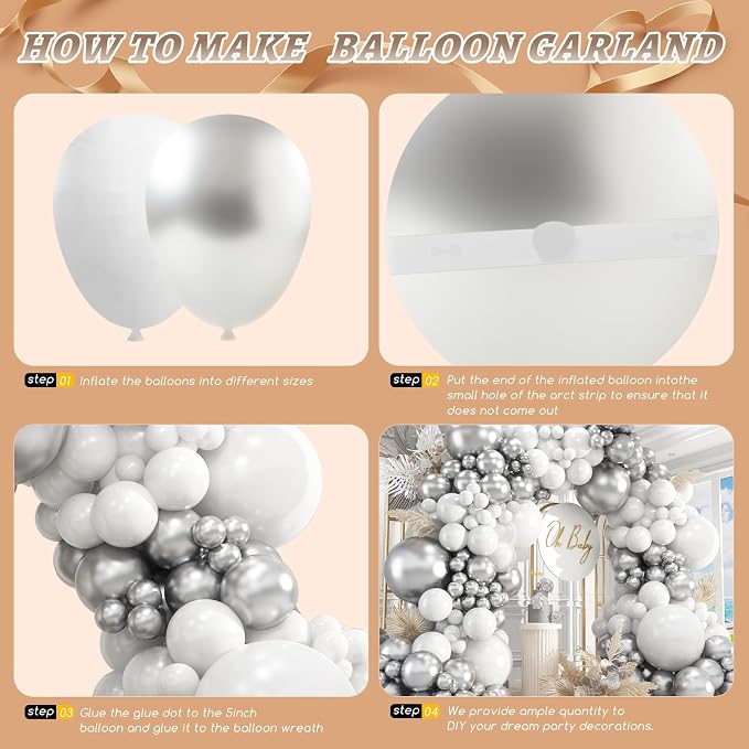 412Pcs White and Silver Balloons Arch Kit, 18 12 10 5 Inch White Metallic Silver Latex Balloon for Wedding Bridal Shower Engagement Anniversary Birthday Party Decorations