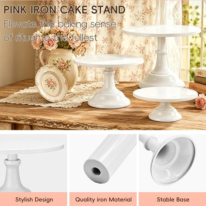 Three-piece Cake Stand Set, Metal Round Trays, 8-inch, 10-inch, and 12-inch, for Dessert Table displays; Perfect for Christmas, Thanksgiving, Birthdays, Weddings, and Other Celebrations(White)
