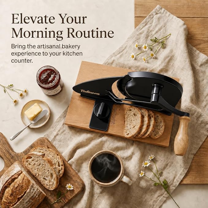 Sourdough Bread Slicer for Homemade Bread, Adjustable Thickness, Hand Crank | Adjustable thickness up to 0.9 in, 430 stainless steel blade, anti-jam guide, solid wood base, suction feet, and hand crank.