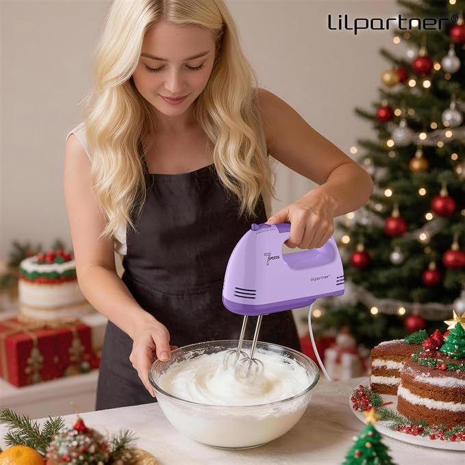 LILPARTNER Electric Hand Mixer with Storage Box, Ultra Power Kitchen Hand Mixer With 7-Speed & 5 Stainless Steel Accessories for Whipping Dough, Cream, Cake, Dishwasher Safe, PURPLE BOX