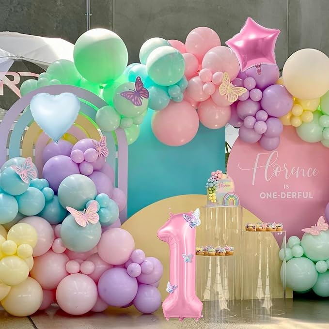 1st Pastel Rainbow Birthday Decorations for Girls,Macaron Pink Blue Purple Green Yellow Colorful Confetti Balloons Banner Star Heart Number 1 Foil Balloon Butterfly Stickers Easter Decor