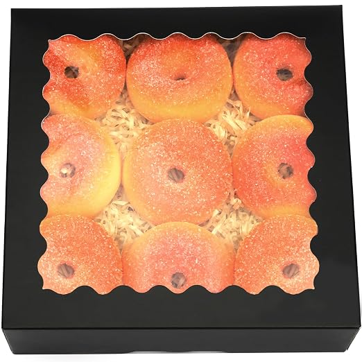 qiqee Auto-pop Up Black Pastry Box With Window 8x8x2.5 Inch Donut Pie Boxes 30pcs Bakery Box