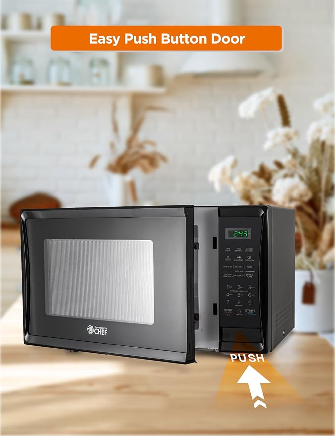 Commercial Chef 1.1 Cu. Ft. Countertop Microwave Oven, Touch Controls with Digital LED Display, 1000W Small Microwave with 12.4” Turntable Plate, Push Button Door, 10 Power Levels, CHM11MB, Black