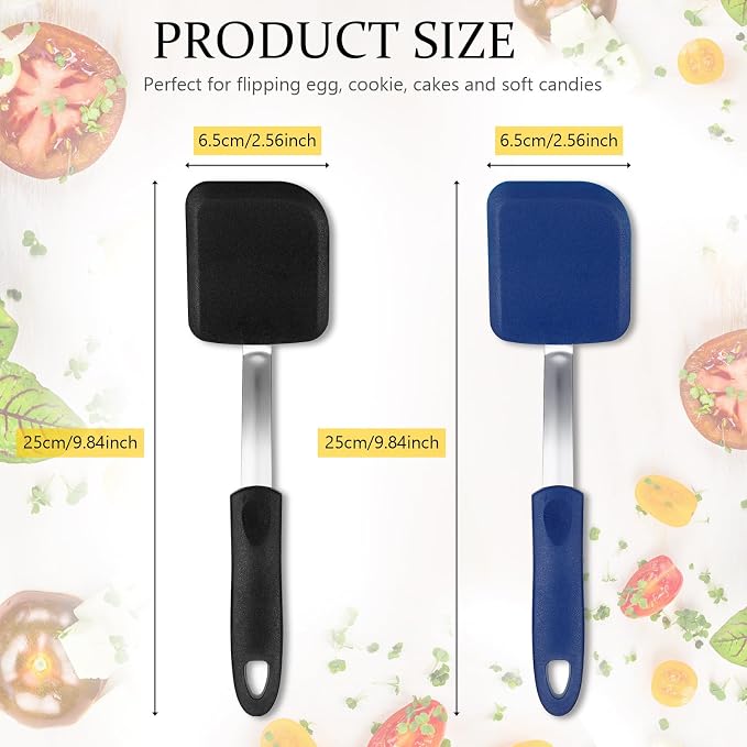 Silicone Cookie Spatula Turner 2 Pack Mini Brownie Spatula Flexible Kitchen Small Silicone Turner for Nonstick Cookware Heat Resistant No Scratch Flipper for Pancake(Solid Flat,Black,Blue)