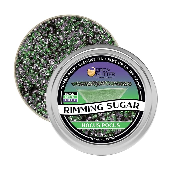 Brew Glitter - Hocus Pocus Mix - Green, Purple & Black Rimming Sugar (4oz, 1x Bar Tin) Halloween Cocktail Garnish for Mixed Drinks & Refreshments