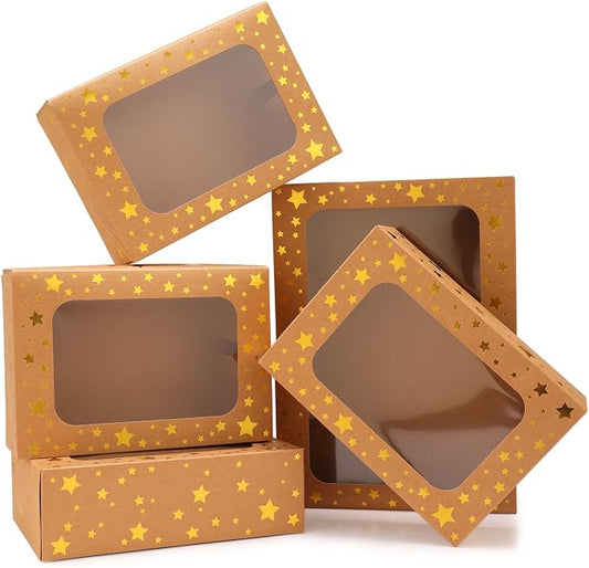 24 Pack Christmas Cookie Boxes,Gold Star Bakery Boxes with Window (9x6x3 Inch),Sturdy Pastry Boxes for Baked Goods,Treat Box for Holiday Gift Exchange, Cookie Tins with Lids for Gift Giving