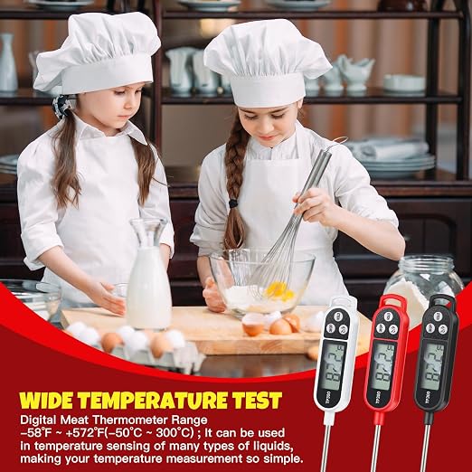 Copkim 6 Pcs Instant Read Meat Thermometer with Long Probe 9.65 Inch Kitchen Cooking Food Candy Waterproof Digital Thermometer for BBQ Water Milk Yogurt Liquid (Round&Square Ring,Black,White,Red)
