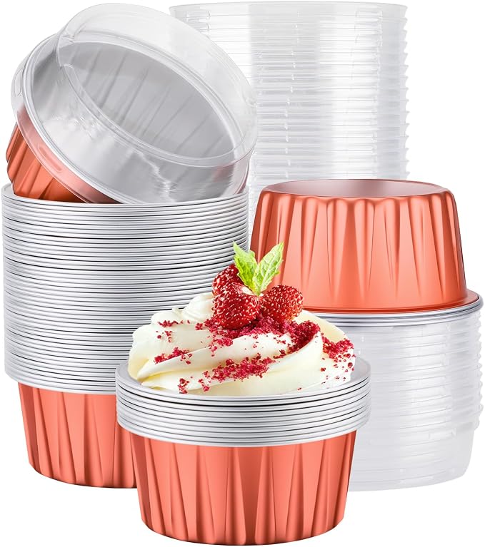 EUSOAR Creme Brulee Ramekins Disposable, 50pcs 5oz Oven Safe Baking Cups with Lids Foil Dessert Cups, Mini Cheesecake Pan Cupcake Liners Wrappers Custard Flan Molds Containers for Wedding Birthday