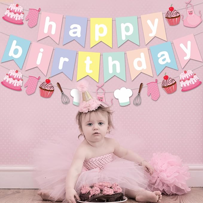 Zwiebeco Baking Happy Birthday Party Decoration Colorful Pink Banner Hanging Paper Garland Bunting Sign for Kids Girls Bake Themed Accessories Supplies