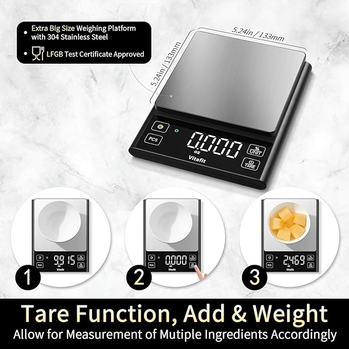 Vitafit 11lb Food Scale, High Accuracy 0.0001lb by Our Professional Scale Factory Since 2001, Digital Kitchen Scale with% Percentage Function for Cooking, Baking & Coffee, Stainless Steel, LED, Black