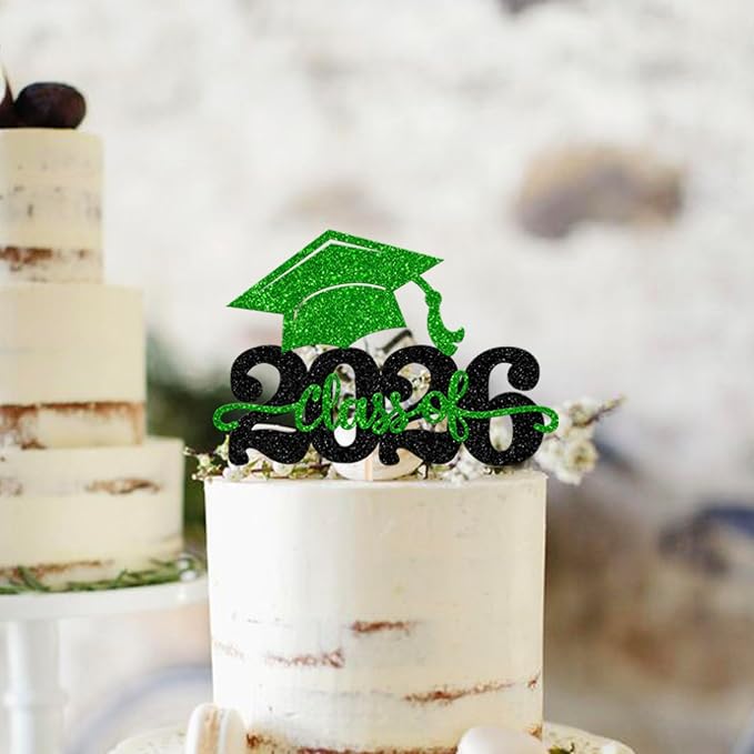 1 Pack Class of 2026 Cake Topper Glitter Congrats Grad Cap 2026 Graduation Cake Pick for 2026 Graduation Theme High School Boys Girls Graduate Party Cake Decorations Supplies Black Green