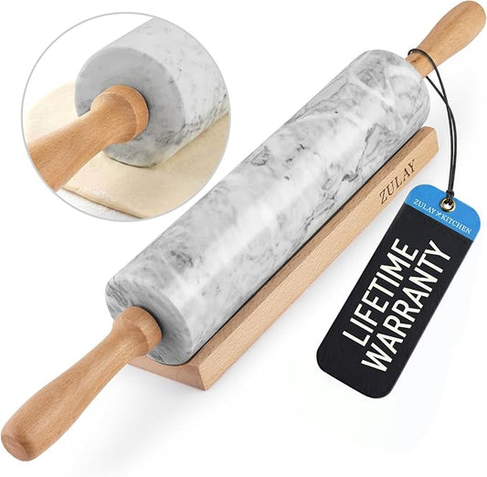 Zulay Kitchen 17-Inch Marble Rolling Pin With Stand - Polished Marble Rolling Pins For Baking With Long Beechwood Handle - Non-stick Roller Pin For Baking Pastries, Bread & Pizza