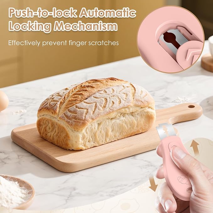Bread Lame Sourdough Scoring Tool, Extractable & Magnetic Bread Scoring Tool, Scoring Knife for Bread Baking, Bread Razor for Homemade Bread, Sourdough Scorer Tool, Includes 5 Razor Blades-Pink