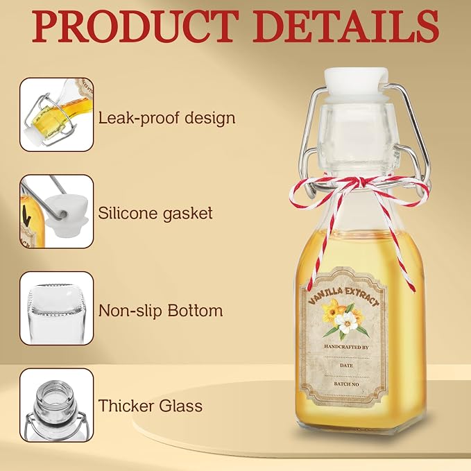 10 Pack Swing Top Glass Vanilla Extract Bottles 4 oz with Lids, Vanilla Extract Labels and Funnel, Glass Boston Bottles for Syrup Gift, Flip Top Jars