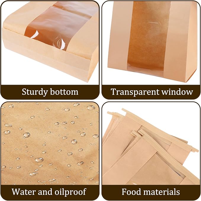 100 Pcs Bread Bags for Homemade Bread Sourdough Bags Paper Kraft with Window 14" x 8.3" x 3.5" with Tin Strip and 500 Pcs Seal Stickers for Cookies Coffee Beans and Bakery