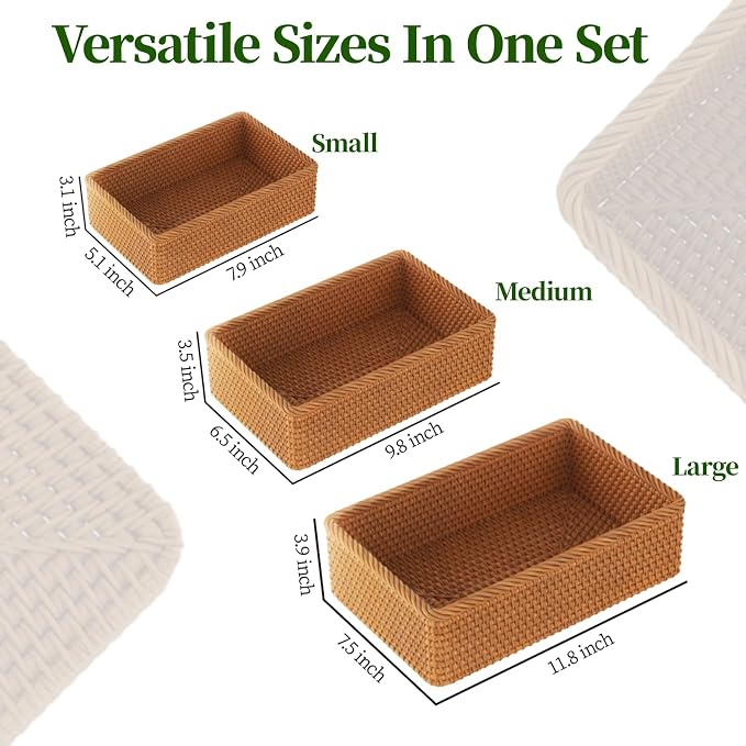 Rattan Storage Basket, 3 Pack Hand Woven Rectangular Fruit Baskets for Serving, Picnic Basket, Wicker Storage for the Living Room Kitchen (Honey Brown)