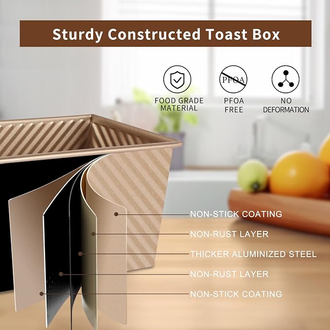 Pullman Loaf Pan with Lid, Sandwich Bread Loaf Pan, 2 Pack, Golden | Pullman Bread Pan with Lid, 13x5 & 8x4 Inch, Nonstick Aluminized Steel Sourdough Bread Loaf Pan 2.2lb & 1lb Pullman Loaf Pan