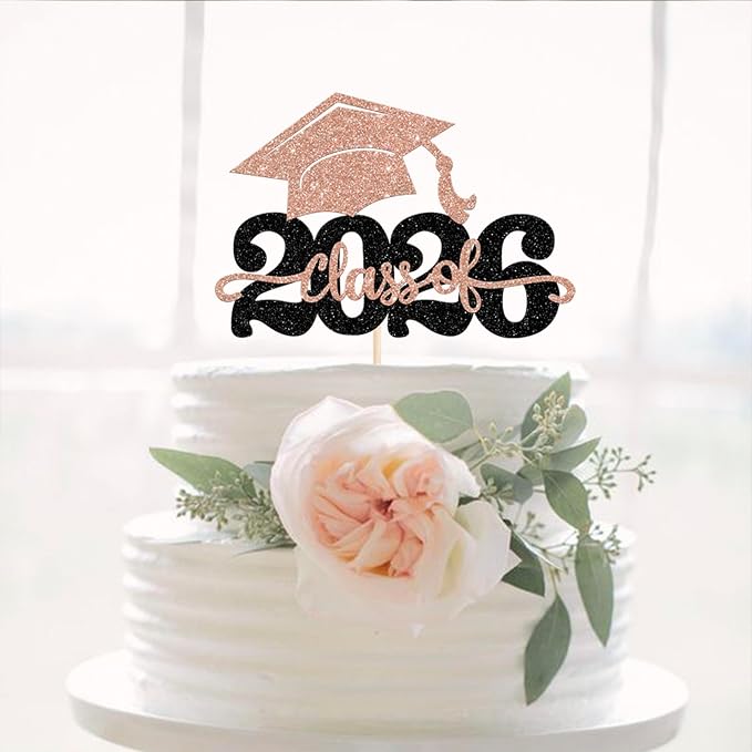 1 Pack Class of 2026 Cake Topper Glitter Congrats Grad Cap 2026 Graduation Cake Pick for 2026 Graduation Theme High School Boys Girls Graduate Party Cake Decorations Supplies Black Red