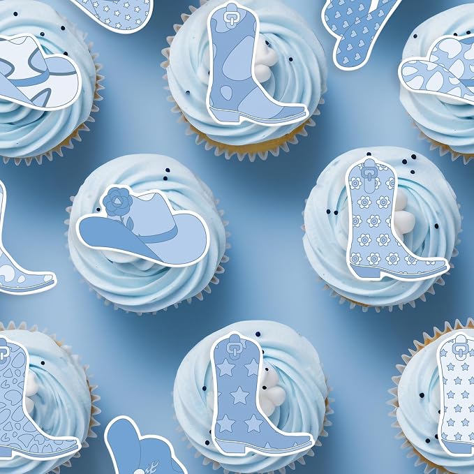 36PCS Edible Cowboy Cupcake Toppers Wafer Paper Blue Horse Boots Hat Cupcake Picks Edible Rodeo Cake Decorations for Western Horse Racing Theme Birthday Baby Shower Party Supplies