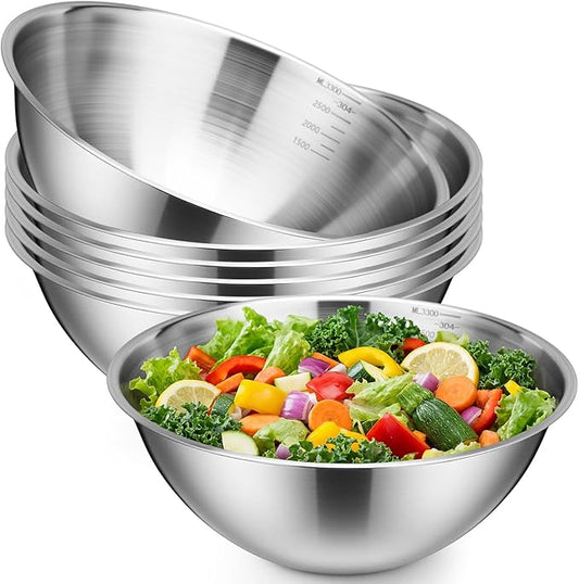 Honeydak 6 Pcs 304 Stainless Steel Mixing Bowls with Graduations, Salad Bowls Metal Serving Reusable Baking Food Storage Containers for Baking Cooking Salads Soups Ice Cream Noodles (101 oz)