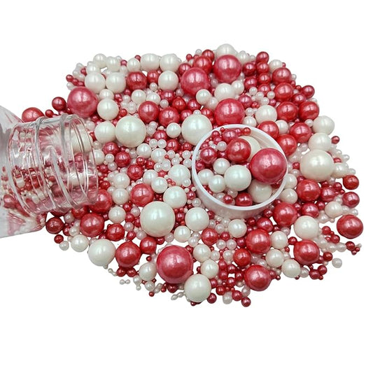 Edible White Red Sugar Pearls Candy Sprinkles 120G/ 4.23Ounce Baking Cake Sprinkles Cupcake and Cake Topper Cookie Decorations Wedding Party Valentines Halloween Christmas Supplies