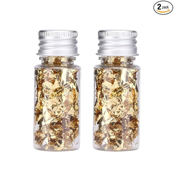 Lwuey Gold Leaf Flakes for Cake ＆ Drinks Decoration, 2PCS | Use for Cakes, Cupcakes, Chocolates, Desserts, Drinks, Cooking Decor, Birthday Party and Makeup Looks