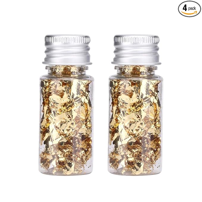Lwuey Gold Leaf Flakes for Cake ＆ Drinks Decoration, 4PCS | Use for Cakes, Cupcakes, Chocolates, Desserts, Drinks, Cooking Decor, Birthday Party and Makeup Looks