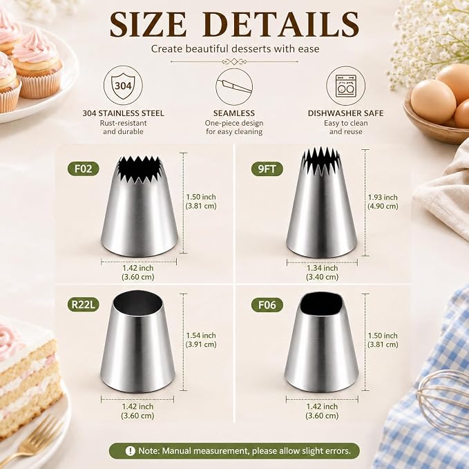 4 Pack Stainless Steel Seamless Piping Icing Tips FO2 FO6 9FT R22L, Large Piping Nozzle, Cake Decorating Tools for Cupcake Baker