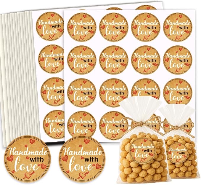 320 Pcs Homemade with Love Stickers, 2 Inch Round Waterproof Kraft Home Made Labels Jar Canning Label Stickers Self-Adhesive Packaging Sticker for Cookie Fudge Containers