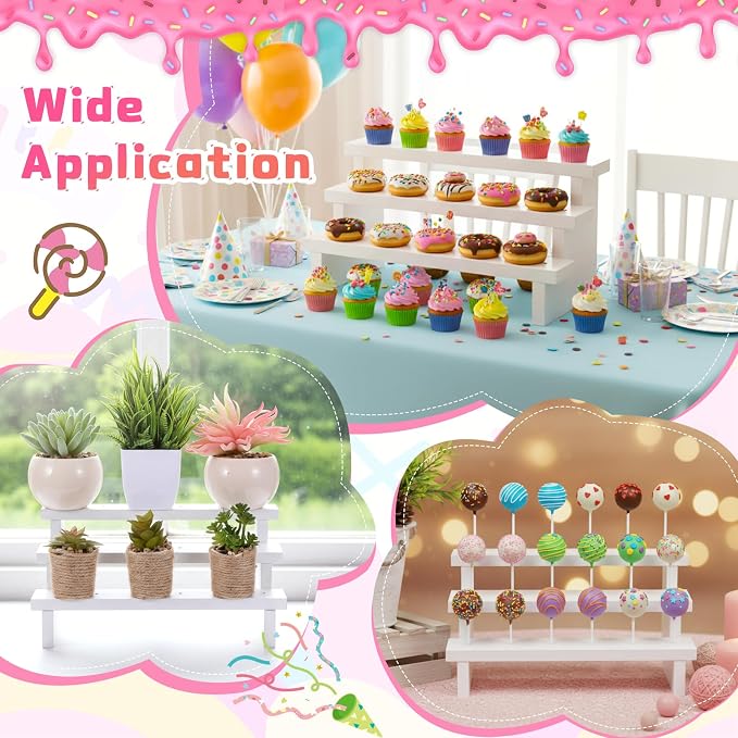 2Pcs Wood Cake Pop Stand 3 Tier Wood Lollipop Holder 17 Hole Sucker Display Riser with Lollipop Sticks & Gold Twist Ties for Dessert Table of Wedding Baby Shower Birthday Party