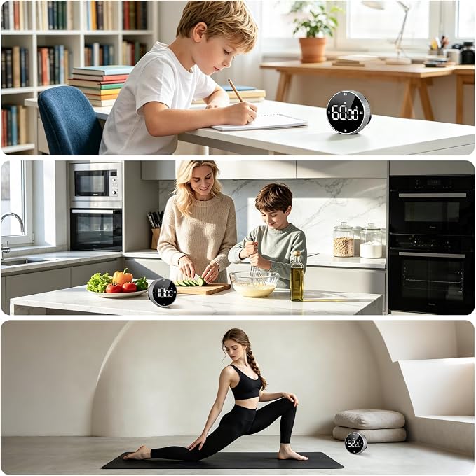 Seniny Digital Kitchen Timer with Magnetic - Visual Timer with Large LED Display, Pomodoro Classroom Timers with 3-Preset Times, Volume Adjustable, Countdown & Count Up Timers for Cooking