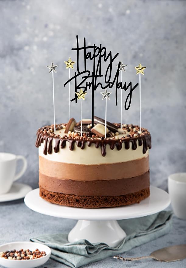 Happy Birthday Cake Topper - Black & Silver Stars (5pcs Each) for Party Decoration