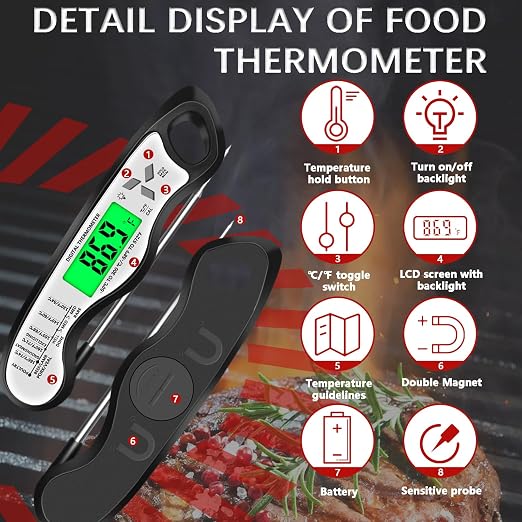 Meat Thermometer Digital，IP67 Waterproof Cooking Thermometer with Backlight, Calibration & Hold Function，Food Thermometer for Cooking,Outdoor Grilling