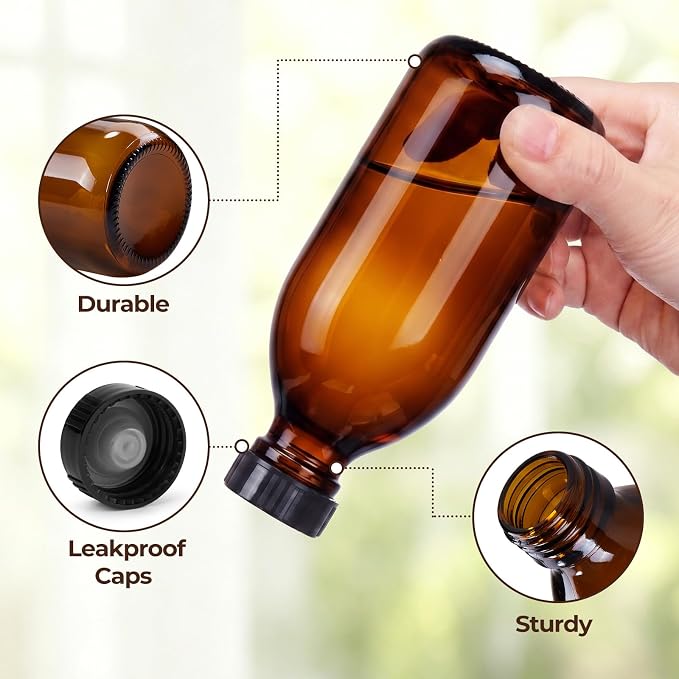 8 Pack 8oz Vanilla Extract Bottles, Amber Glass Bottles with Caps and Labels Small Boston Round Bottles for Homemade Gifts, Essential Oils, Potions, Tinctures & Liquids - Airtight & Leakproof