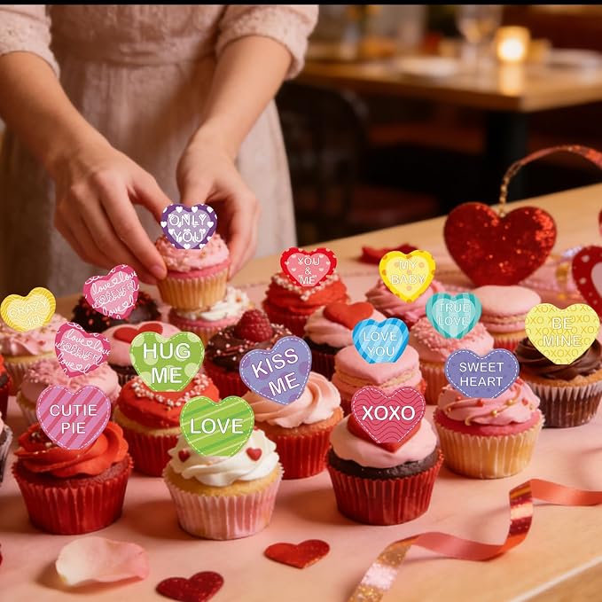 56PCS Edible Heart Cupcake Toppers Wafer Paper Sweet Love Be Mine Kiss Me Heart Cupcake Picks Colorful Heart Cake Decor for Valentine's Day Theme Party Decoration Supplies