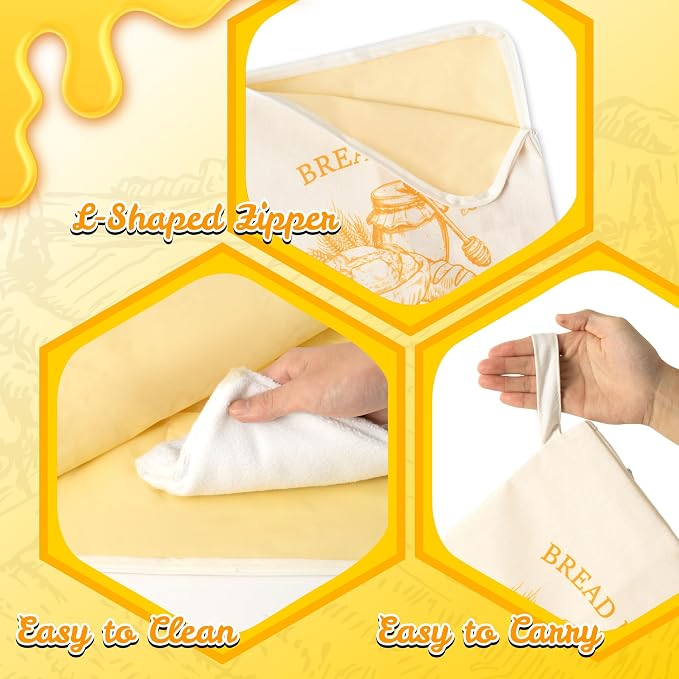 Reusable Beeswax Bread Bags - 2PCS Wide Zipper Access Bees Wax Homemade Sourdough Bread Food Storage Bag, L-shaped XL Coated Cotton Waxed Freezer Freshness Preservation for Home Kitchen Baking