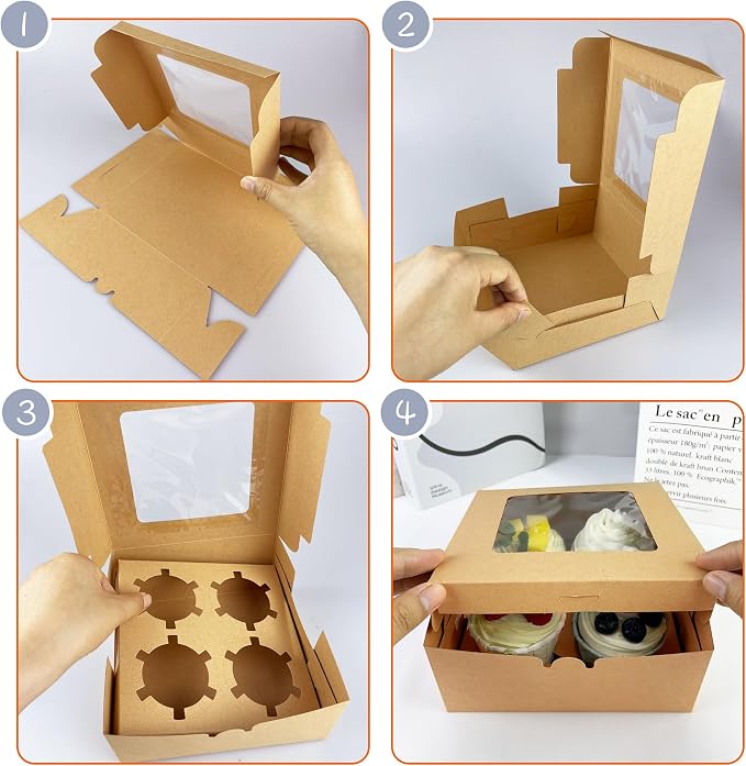 MUMULULU 8 PCS Brown Paper Cupcake Boxes with 4 Cavity Cookie Gift Boxes with Clear Window 4 Treat Holder Cupcake Containers Bakery Cake Box for Birthday Party Bakery Supplies