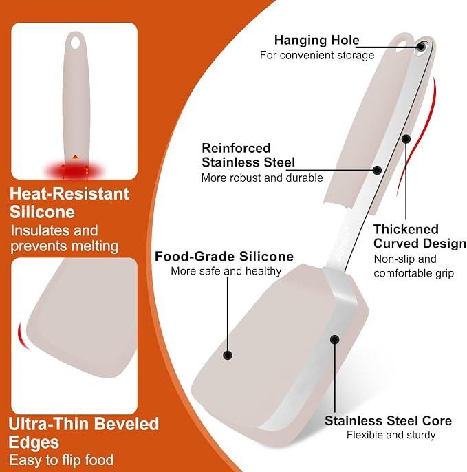 Silicone Spatula, 13 x 3.2 In, 600°F Heat Resistant (Khaki) | Flexible Turner, BPA Free, Non Scratch for Non Stick Frying Pan, Kitchen Cooking, Flipping, Dishwasher Safe
