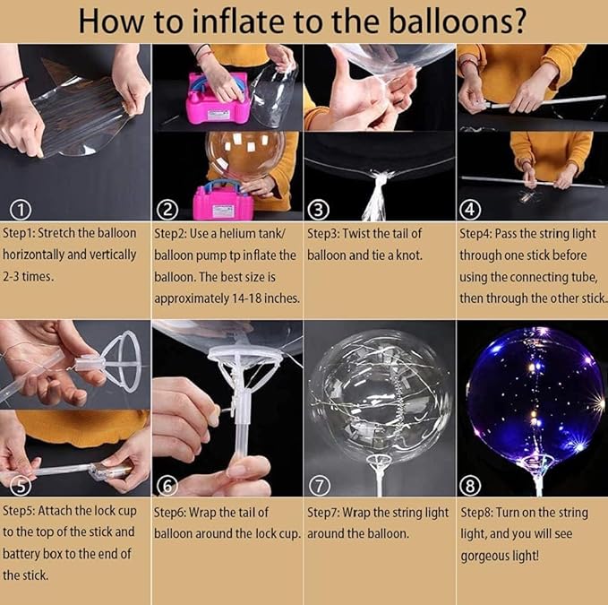10 Pack LED Balloons with Sticks, 15Pcs 20 Inch Clear Bobo Balloons Light Up Helium Glow Bubble Balloon Lights for Party Supplies Valentines Decor (Colorful)