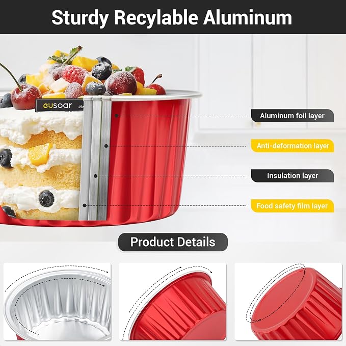 EUSOAR Cupcake Liners Aluminum with Lids, 100Pcs 5oz 125ml Aluminum Foil Muffin Liners Cups, Disposable Aluminum Foil Cupcake Baking Cups Ramekins Holders Cases Boxes Pans with Lids