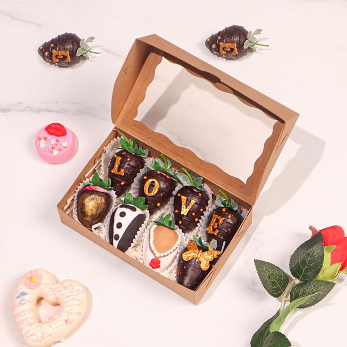 ROSPAKTEK20pcs 7x4.3x2 Inches Brown Bakery Boxes - for Cookies, Chocolate Covered Strawberries, Cakesickle, Chocolate Truffle, Cake Pop | Christmas & Valentine's Day